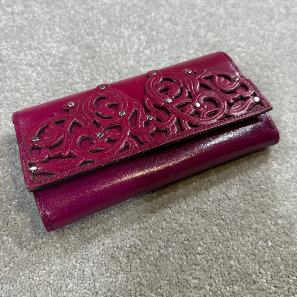 Patricia Nash Terresa Tooled Leather Trifold Wallet Dark Purple Laser Cut Stud
